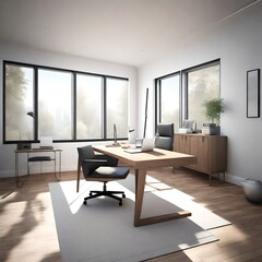 an American home office, with a sleek desk, modern furnishings, and large windows providing a tranquil work environment