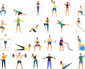 Fototapeta na wymiar Fat burning workout icons set cartoon vector. Jump exercise. Tuck running loss