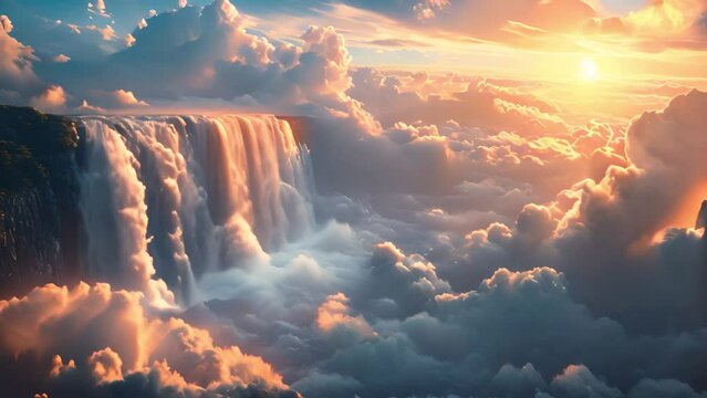 Heaven landscape. Magical landscape in heaven with pink clouds and waterfall flowing. Flying land with beautiful landscape, Fantasy world fairy tale beauty