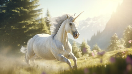 Obraz na płótnie Canvas side view of a unicorn running, cinematic scene, profile view of unicorn created with Generative Ai