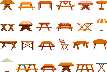 Wooden table picnic icons set cartoon vector. Empty garden. Park terrace - obrazy, fototapety, plakaty