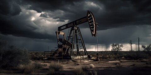 Oil well. Petroleum production. Oil drilling derricks at desert oilfield. Generative AI. Industry drill platform. Crude oil production from the ground.