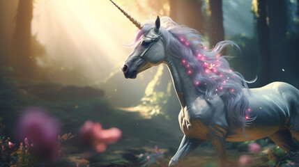 side view of a unicorn running, cinematic scene, profile view of unicorn created with Generative Ai