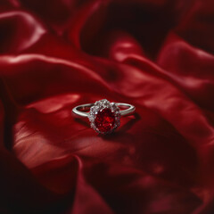 red stone ring sits on red satin,