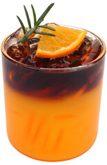 Iced orange black coffee decorated with a sprig of rosemary and orange slice on top