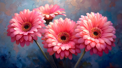 Pink gerbera flowers on a blue background. Ai generated.