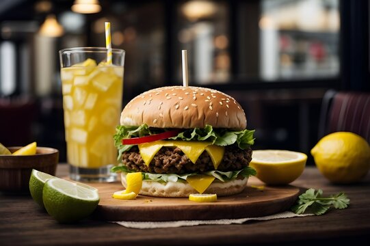 Perfect for Any Meal
Indulge in the perfect meal combination of a delicious hamburger and refreshing lemonade. This high-quality image captures the classic appeal of a satisfying meal, ideal for food