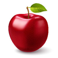 A minimalist and eye-catching illustration on white background of a bright red apple with a stylized green leaf still attached to its stem
