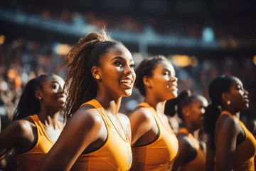 Keuken spatwand met foto Cheerleading team in orange uniform excitedly supporting their team at a basketball game. © NS