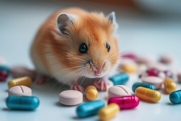 A cute hamster investigates a colorful array of scattered pills and capsules. - obrazy, fototapety, plakaty