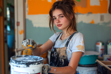 Portrait of a teenage girl doing repairs, painting a room