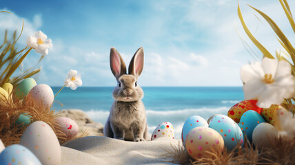 An easter bunny surrounded by easter eggs on the beach  - Powered by Adobe