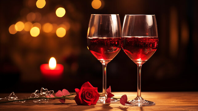 Two glasses of red wine on a wooden restaurant table with candles and red rose petals, romantic valentines day dinner date love and passion