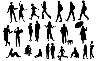 Silhouettes men, women, teenagers and children standing, walking, sitting, with dog, black color, vector, group rest people, students, design concept of flat icon, isolated on white background