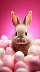 A portrait of a glamorous easter bunny with an isolated pink background and easter eggs 