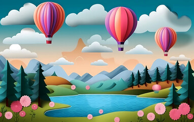 Paper cut colorful hot air balloons flying above a lake,  blue sky, white clouds, and colorful landscape.