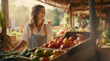 Beautiful young woman buying fresh vegetables at a farmers market, she is smiling