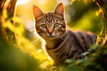 Little tabby gray kitten sitting among a beautiful green meadow is happily looking around. Cute cat walking outdoors. Soft focus. Striped Feline with funny face. Summer sundown light