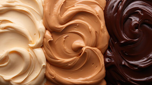 Closeup of peanut butter and chocolate paste texture, from above flat lay