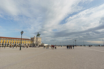 Praca do Comercio in portuguese capital with partly cloudy sky on a sunny day, Lisbon, Portugal