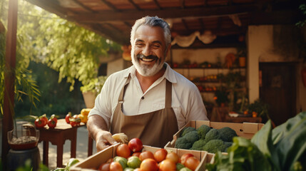 Fototapeta premium Portrait of smiling senior man holding box full of fresh vegetables.