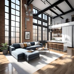 an American loft apartment, with industrial accents, open floor plan, and floor-to-ceiling windows offering urban views 