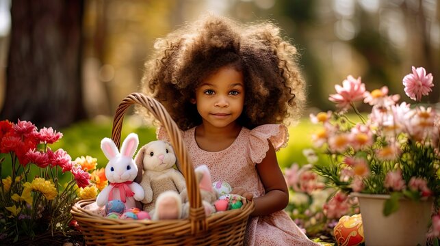 Little girl collecting easter eggs in the garden