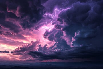 Fototapeta na wymiar A thunderstorm scene with neon violet veins in the clouds,
