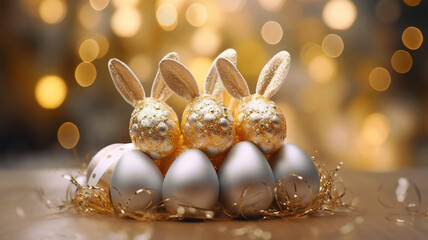 Fototapeta na wymiar A bunch of golden an silver colored easter eggs and bunny ears on a bokeh background 