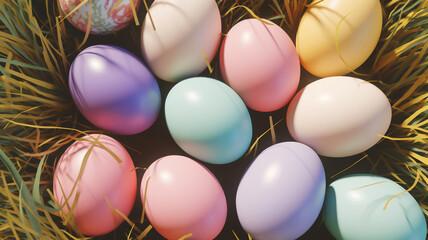  A bunch of pastel colored easter eggs on a grass background 