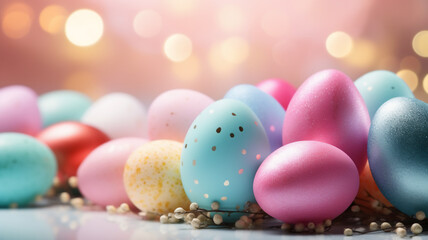 Fototapeta na wymiar A bunch of pastel colored easter eggs on a bokeh background 