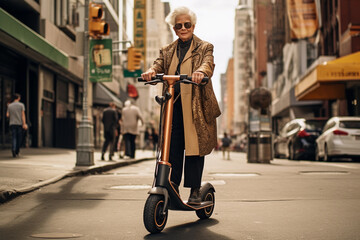grandmother rides standing on an electric scooter