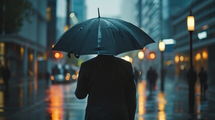 man in a suit with a black umbrella on a dark day