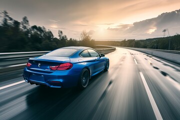 Experience the exhilaration of a high-speed journey as a blue business car races along a twisting highway - obrazy, fototapety, plakaty