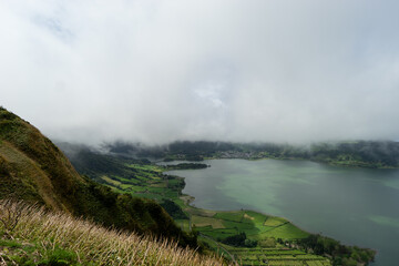 The lake Lagoa das Sete Cidades is located in the crater of a volcano on the island of Sao Miguel, Azores