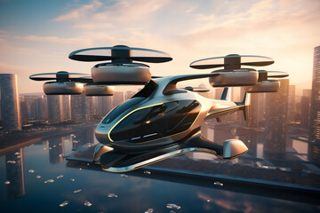 Future of urban air mobility, city air taxi, UAM urban air mobility, Public aerial transportation, Passenger Autonomous Aerial Vehicle AAV in futuristic city, - obrazy, fototapety, plakaty