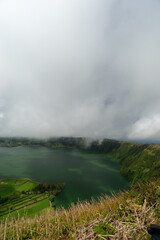 The lake Lagoa das Sete Cidades is located in the crater of a volcano on the island of Sao Miguel, Azores
