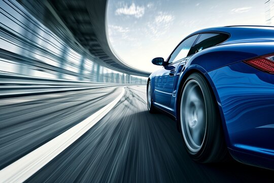 Experience the exhilaration of a high-speed journey as a blue business car races along a twisting highway