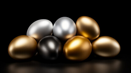  A bunch of golden an silver colored easter eggs on a isolated black background 