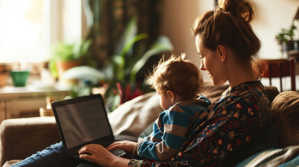 Fototapeta premium Woman is sitting on a couch, holding a toddler on her lap while working on a laptop in a cozy home environment.