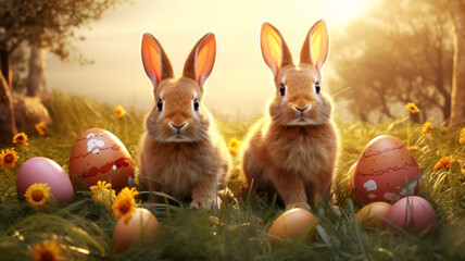 Fototapeta na wymiar A family of rabbits sits in the sunlight or beams in a meadow of a easter wallpaper with easter eggs 