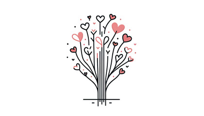 A minimalist illustration featuring an explosion of lines turning into heart shapes in shades of pink and black on a white background.Valentine's day concept. AI generated.