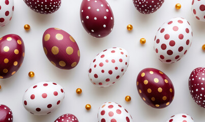 hand-painted easter eggs with polka dots and golden accents  with bordeaux on white background - obrazy, fototapety, plakaty