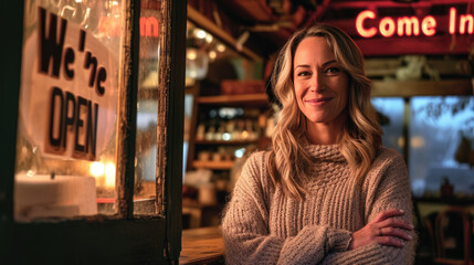 Smiling woman in a cozy, thick, grey turtleneck sweater standing in front of a cafe or shop window with a warm glowing "Open" neon sign