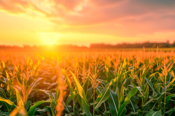 Green cornfield at sunset.