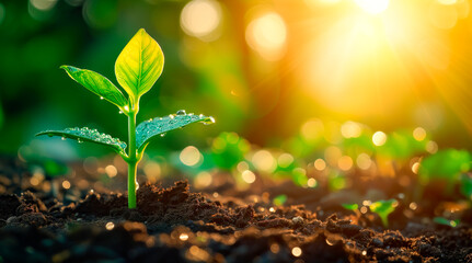 Young sprouts with dewdrops, reaching for sunlight from the fresh earth.