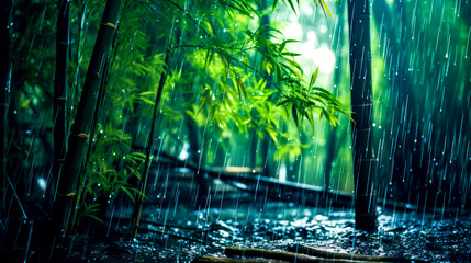 Picture of bamboo tree in the rain with water droplets on the ground.