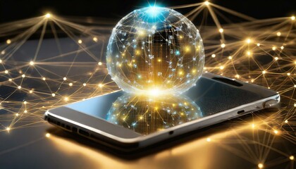 Smartfon z hologramem kuli ziemskiej i sieci połączeń. Cyberprzestrzeń.Motyw sztucznej inteligencji, rozwoju technologii i komunikacji, globalizacja. - obrazy, fototapety, plakaty