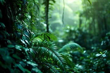 A dense jungle with neon lime green veins in the foliage,