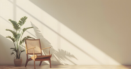 Interior room setting with an empty beige wall for mockups. Cozy chair sits beside a potted plant. Natural daylight filters in through a window, casting shadows. Minimalist background with copy space.